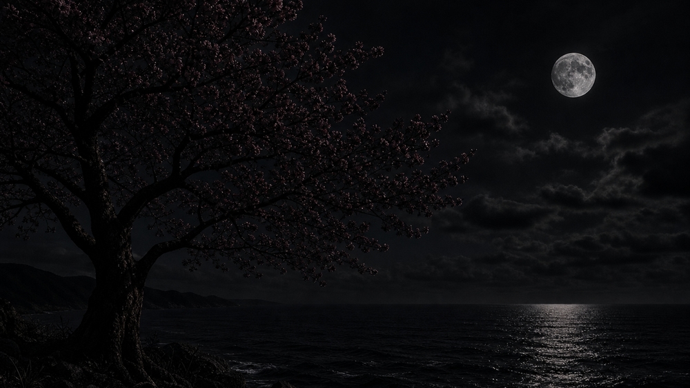 Midnight Tree Over Silent Moonlit Sea wallpaper
