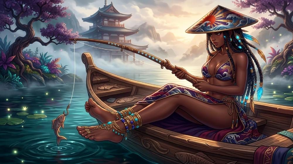 Moonlit Lake Fisherwoman wallpaper