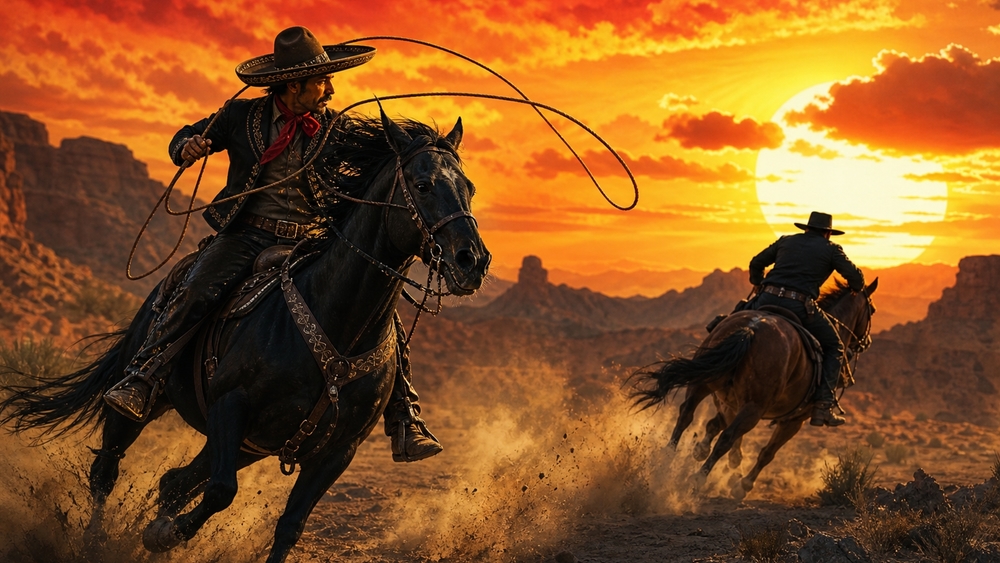 Sunset Lasso Duel Across the Frontier wallpaper