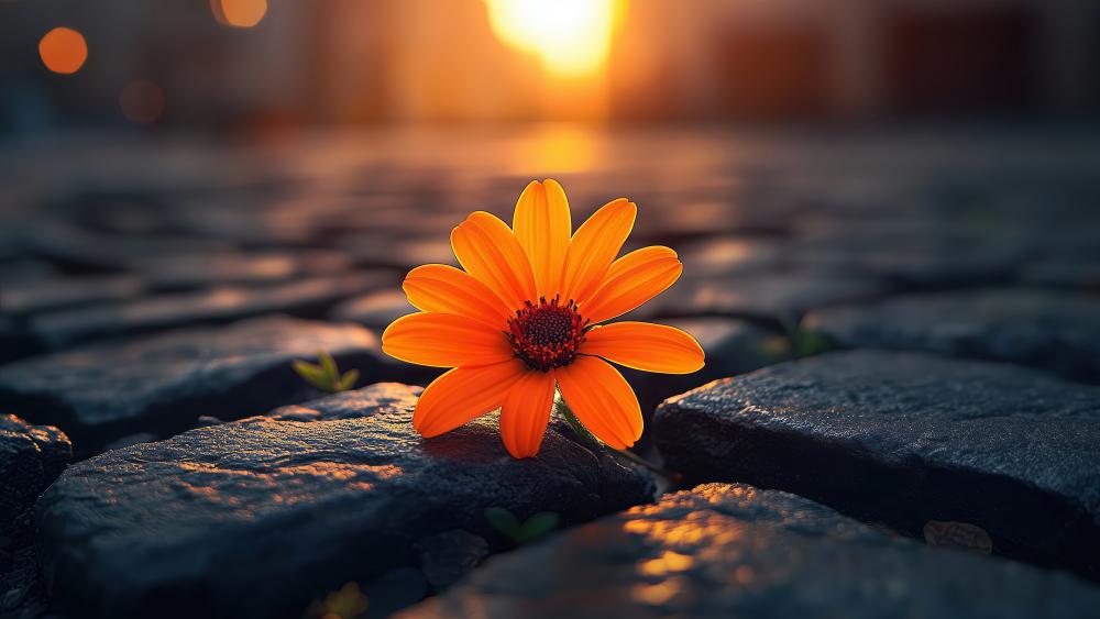 Sunlit Orange Flower on Stone wallpaper