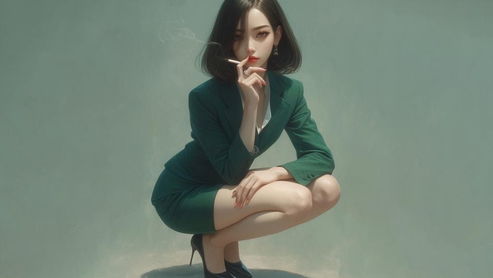 Elegant Green Suit Anime Businesswoman wallpaper