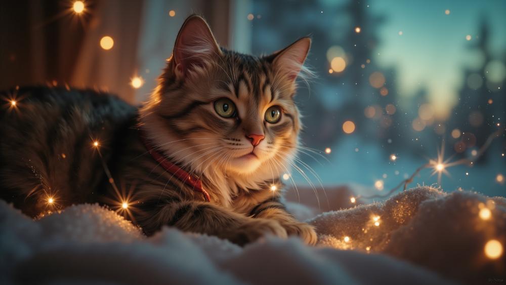 Cozy Tabby Cat in Winter Glow wallpaper