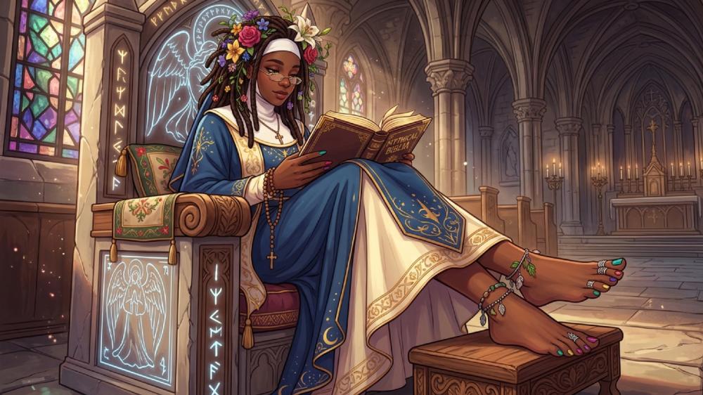 Serene Nun Reader in Stained Glass Chapel wallpaper