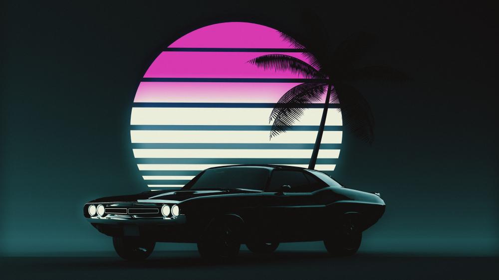 Neon Muscle Car Sunset wallpaper