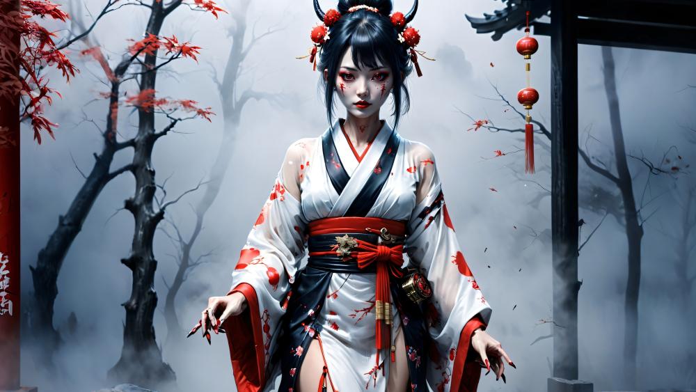 Ethereal Demon Geisha in Haunted Misty Forest wallpaper