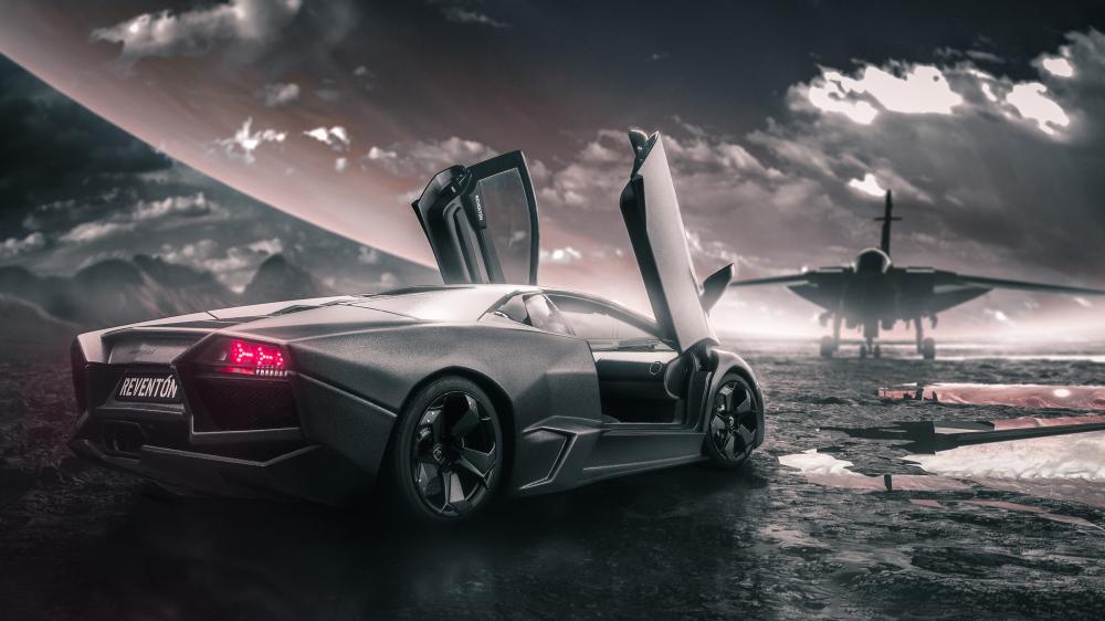 Stealth Lamborghini Reventon at Jet Fighter Base wallpaper