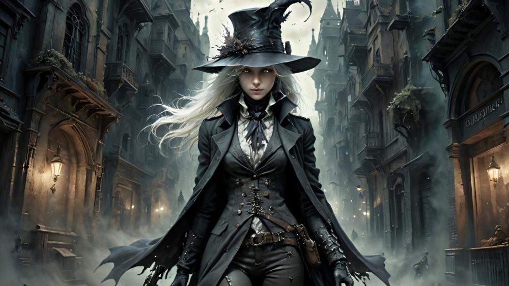 Gothic Sorceress in Misty Victorian Street wallpaper