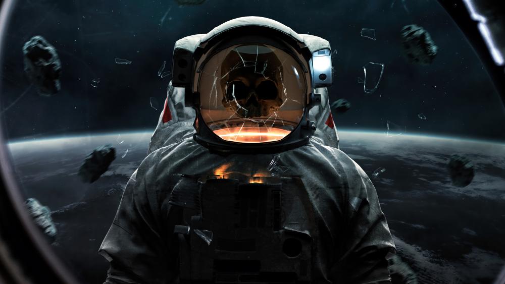 Skull of a dead astronaut with a cracked helmet wallpaper