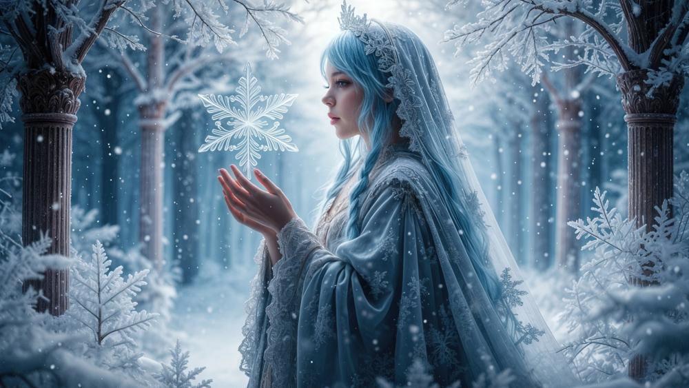 Winter Sorceress in the Snowy Enchanted Forest wallpaper