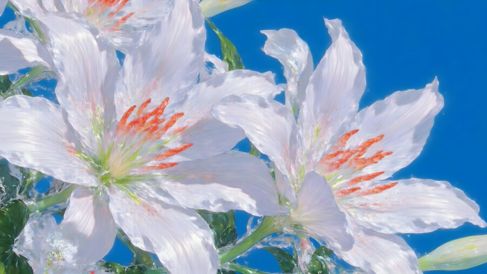 Radiant White Lilies in Blue Sky wallpaper