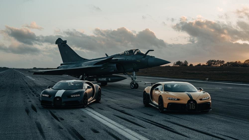 Bugatti Chiron and Fighter Jet Showdown wallpaper