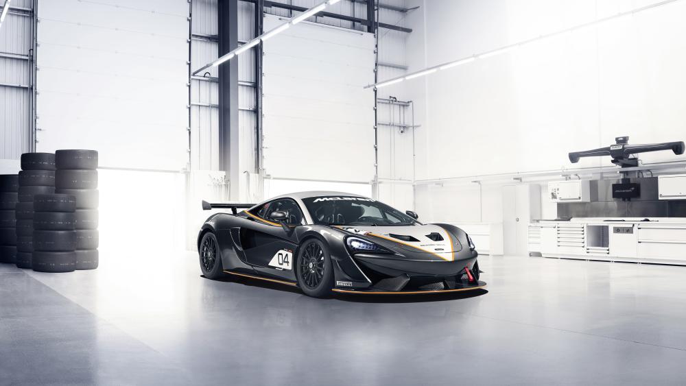 McLaren 570S GT4 in Pristine Racing Garage wallpaper