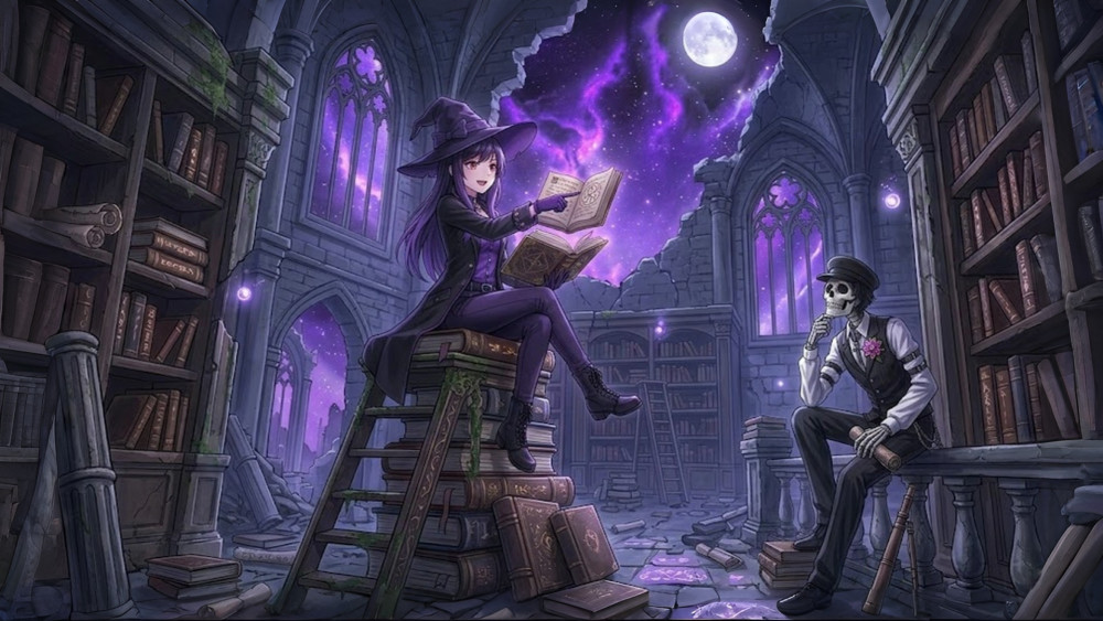 Moonlit Witch and Skeleton Library wallpaper