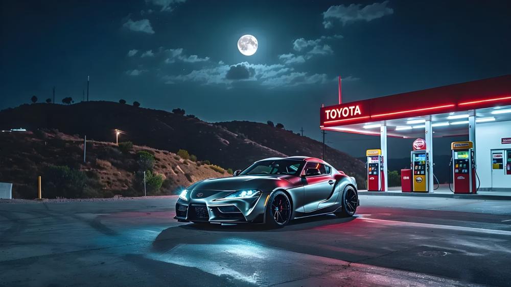 Moonlit Toyota Supra at Midnight Fuel Stop wallpaper