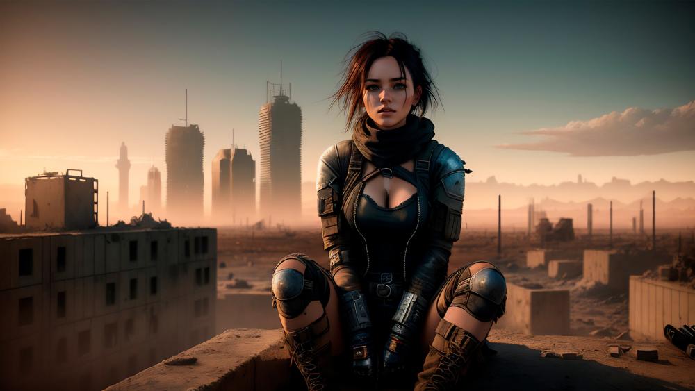 Rooftop Survivor in the Fallen Neon Wasteland wallpaper