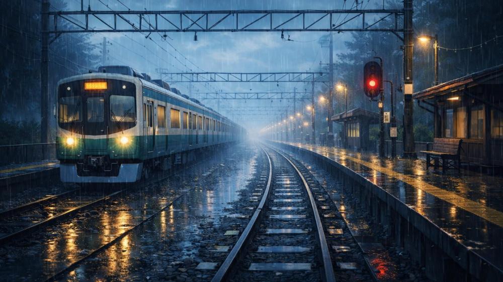 Rainy Night Train Station Dreamscape wallpaper