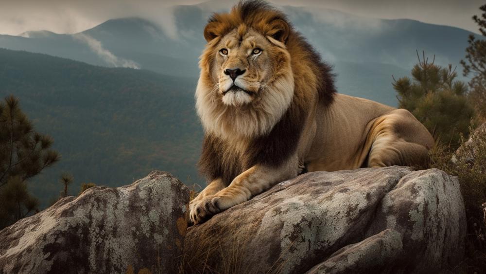Majestic Lion Over Mountain Rocks wallpaper