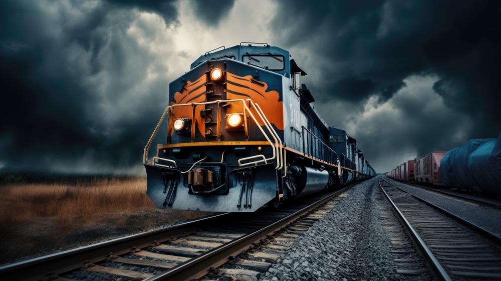 Stormbound Freight Locomotive at Dusk wallpaper