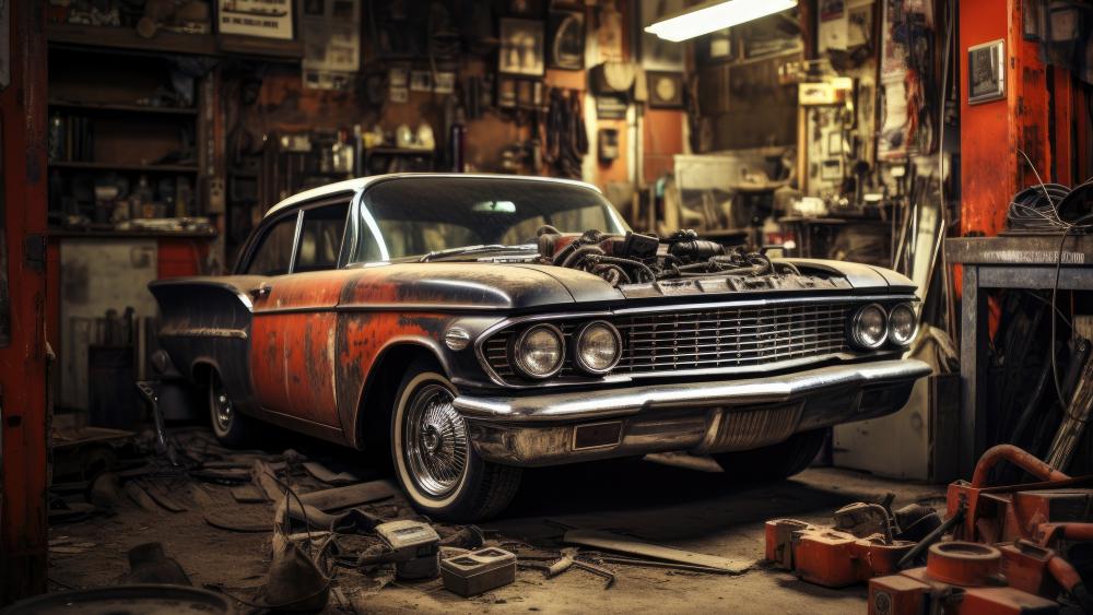 Rusty Classic Cruiser in Vintage Garage wallpaper
