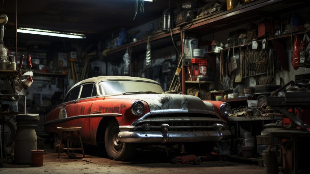 Rusty Classic Resting in a Dim Garage wallpaper