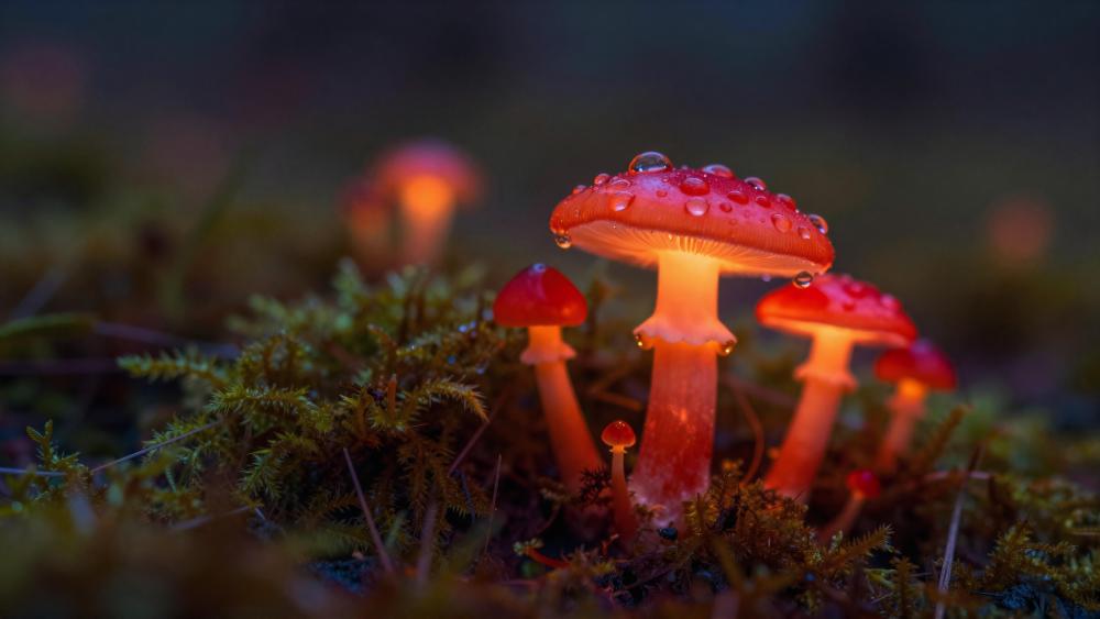 Glowing Mushrooms in Enchanted Moss wallpaper