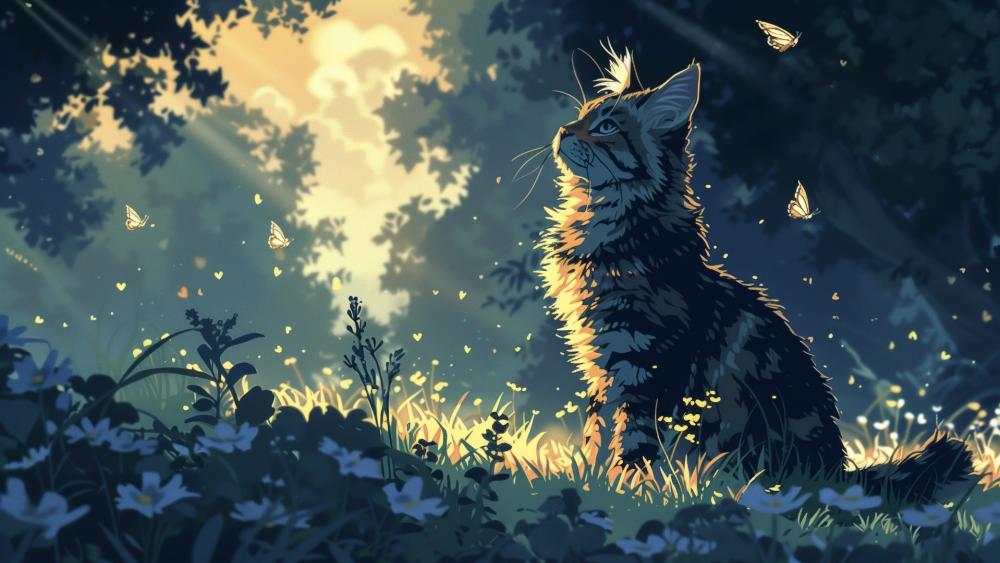 Sunlit Anime Cat in Enchanted Forest wallpaper