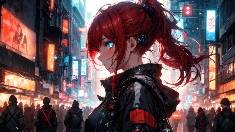 Neon Red Haired Cyberpunk Girl wallpaper