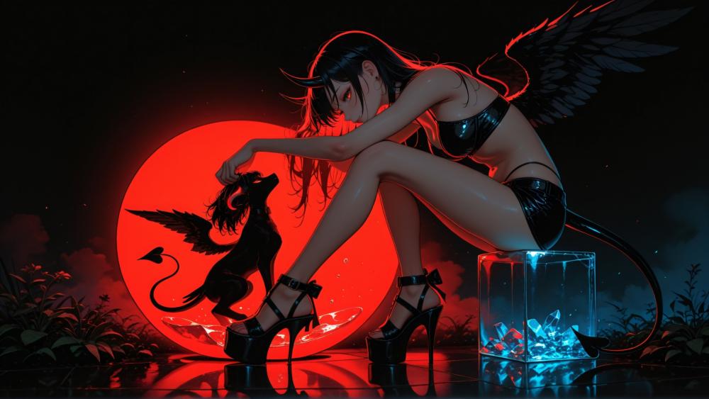 Dark Angel and Demon Girl Moonlit Fantasy wallpaper