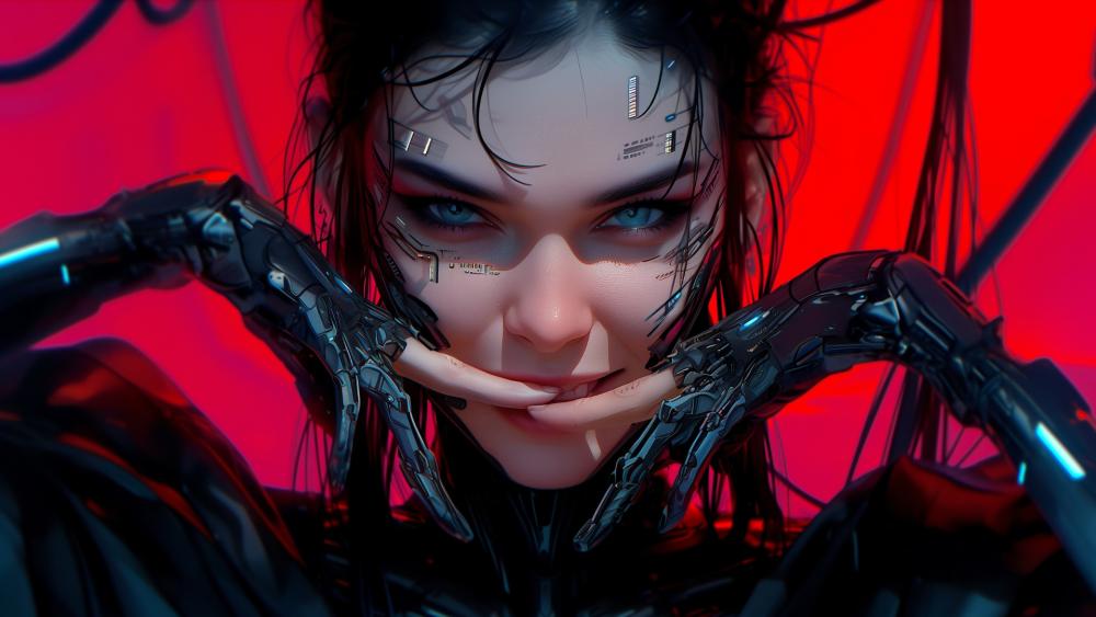 Cyberpunk Cyborg Woman in Neon Red wallpaper