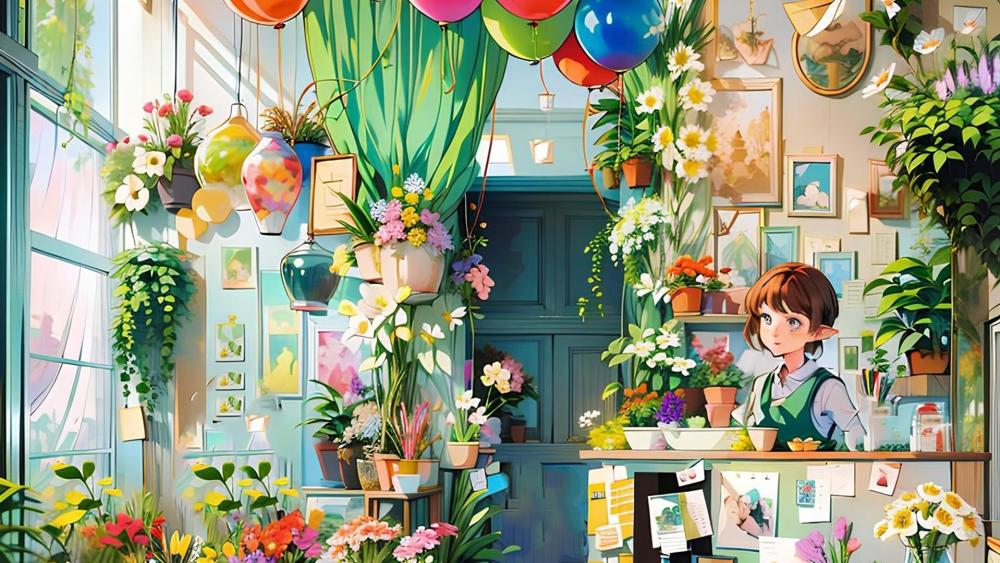 Whimsical Elf Girl Flower Boutique wallpaper