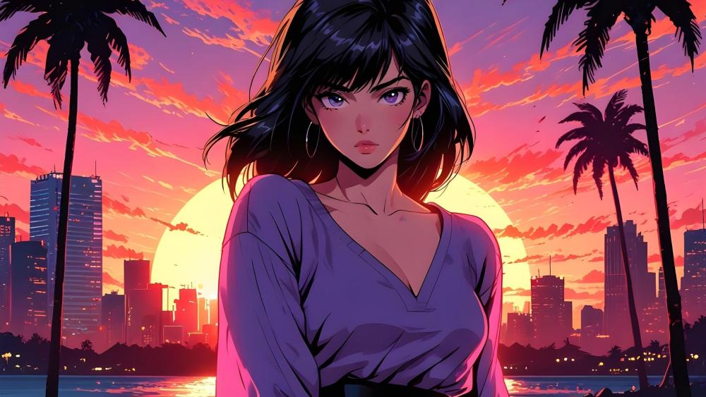 Neon Sunset Anime Portrait wallpaper
