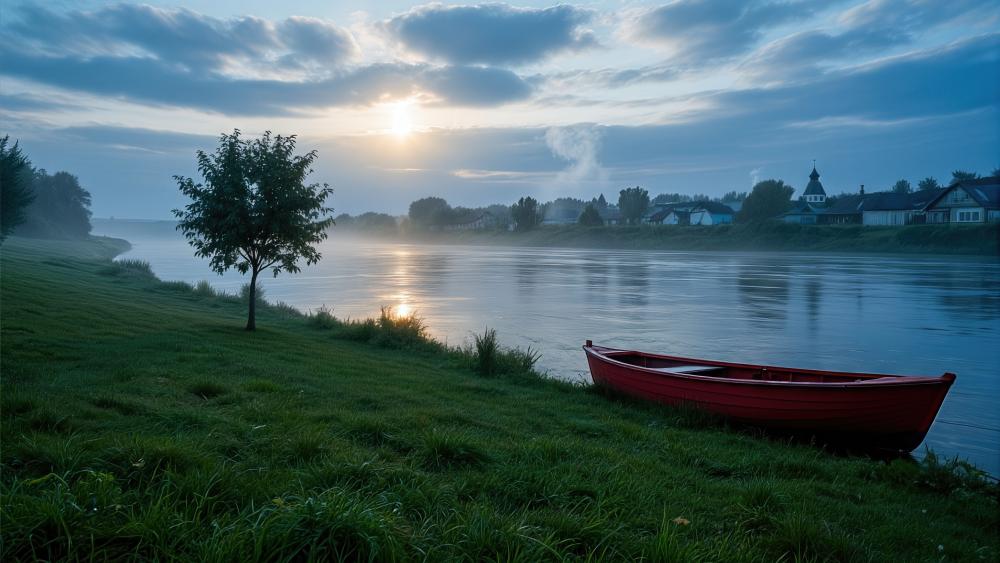 Misty River Sunrise Retreat wallpaper