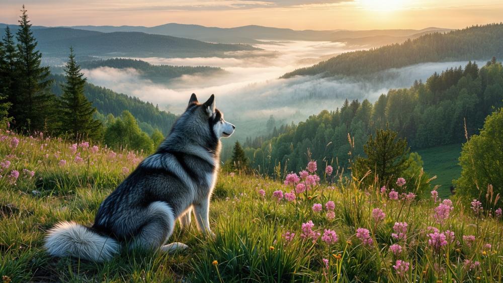 Husky Dawn Over Wildflower Valley wallpaper
