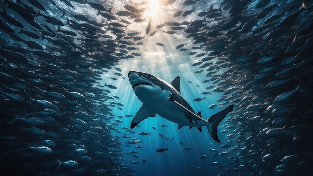 Majestic Great White in Sunlit Ocean Depths wallpaper
