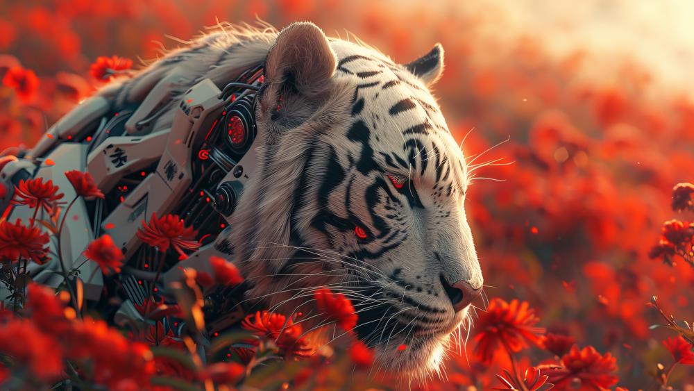 Cybernetic White Tiger in Crimson Bloom wallpaper