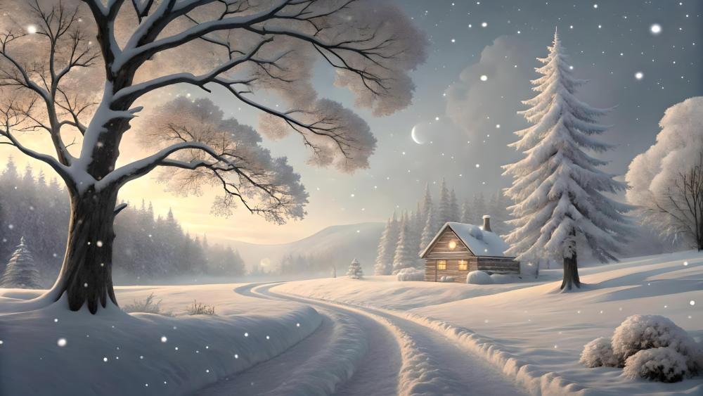 Moonlit Cabin in a Snowy Dreamscape wallpaper