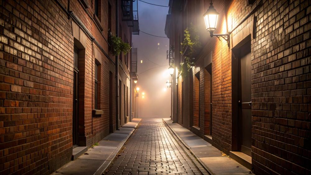Foggy Brick Alley at Midnight wallpaper