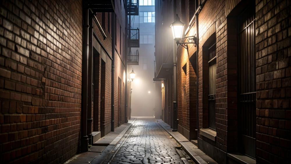 Foggy Cobblestone Alley wallpaper