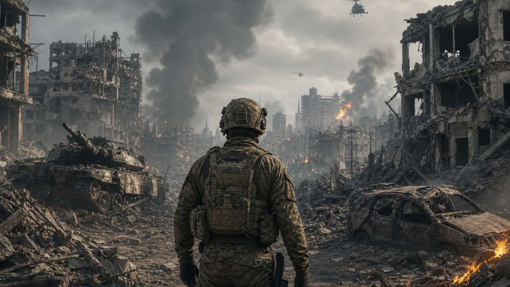 Lone Soldier in Ruined Warzone wallpaper