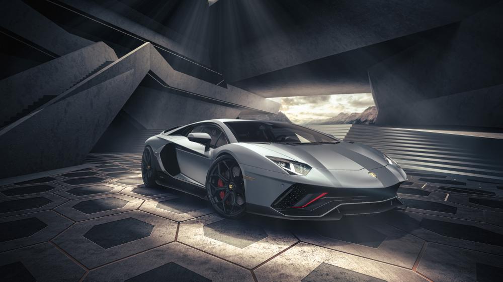 Lamborghini Aventador in Futuristic Shadowed Garage wallpaper