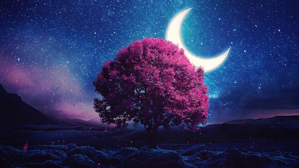 Moonlit Blossom Tree Under Crescent Sky wallpaper