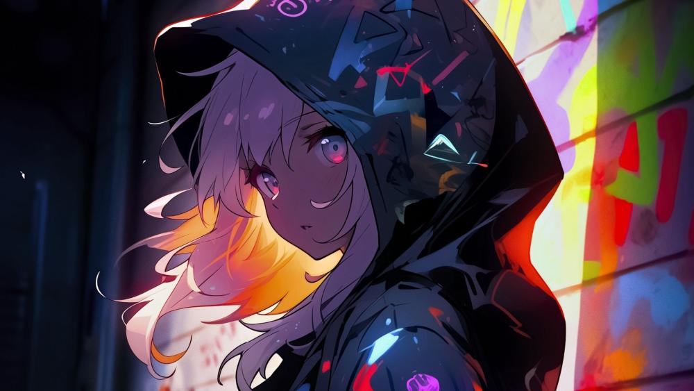 Neon Hooded Anime Girl wallpaper