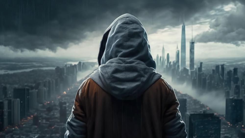 Lonely Sentinel Over Ruined City wallpaper
