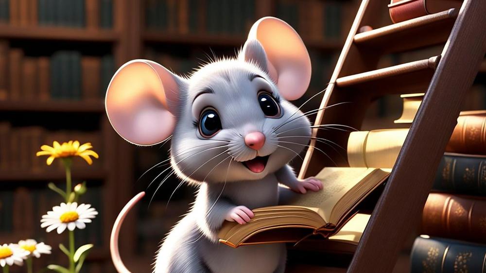 Whimsical Mouse Reading in a Cozy Library wallpaper