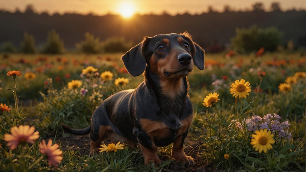 Sunset Dachshund in Wildflower Meadow wallpaper
