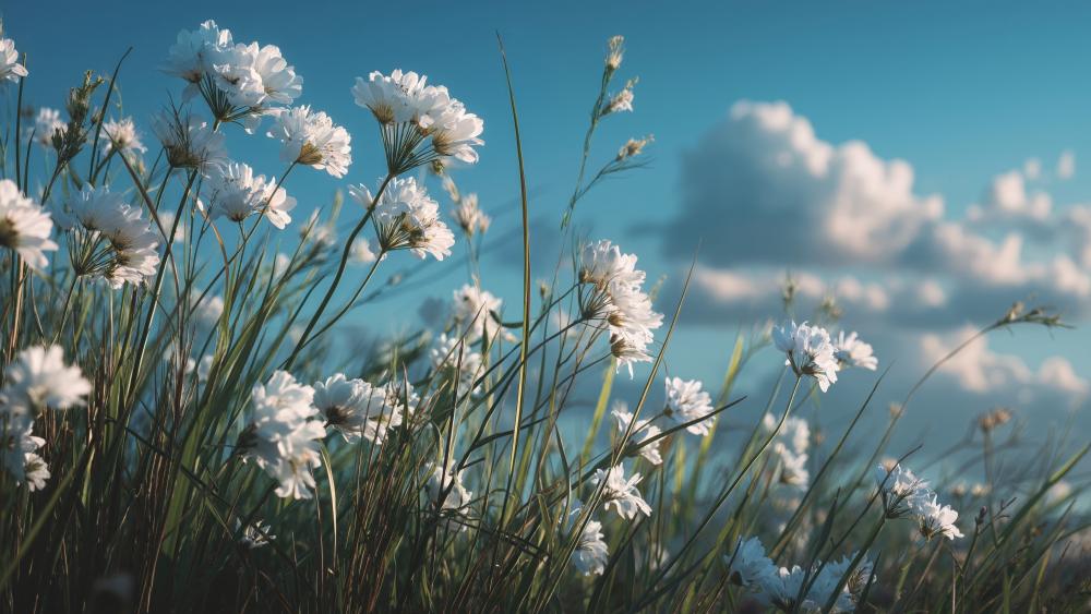 Serene Wildflowers Beneath a Soft Blue Sky wallpaper