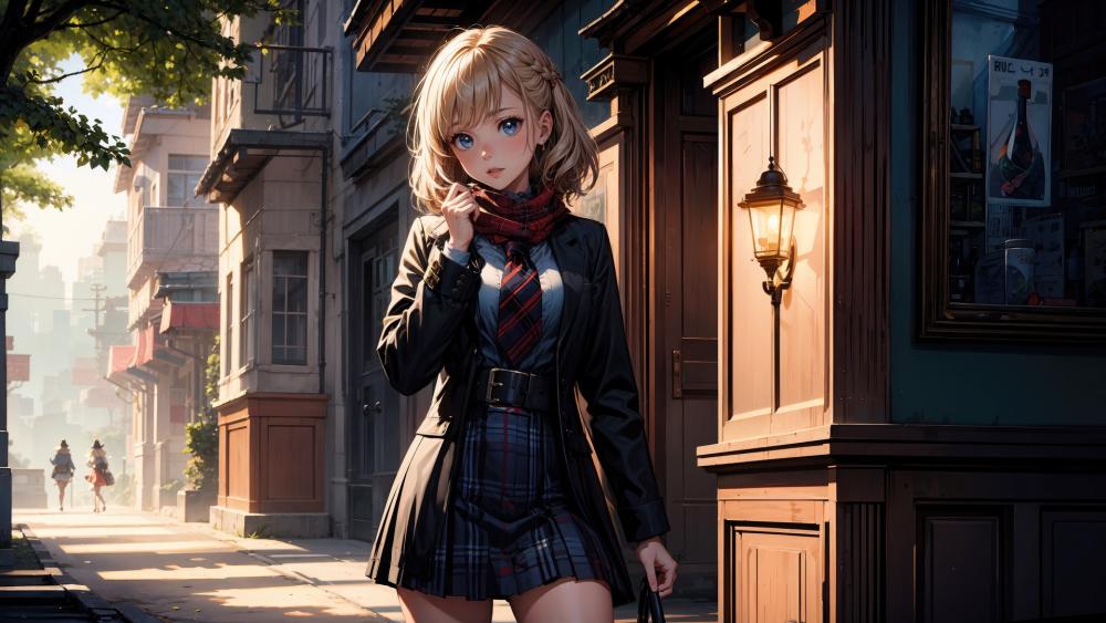 City Sunset Schoolgirl wallpaper