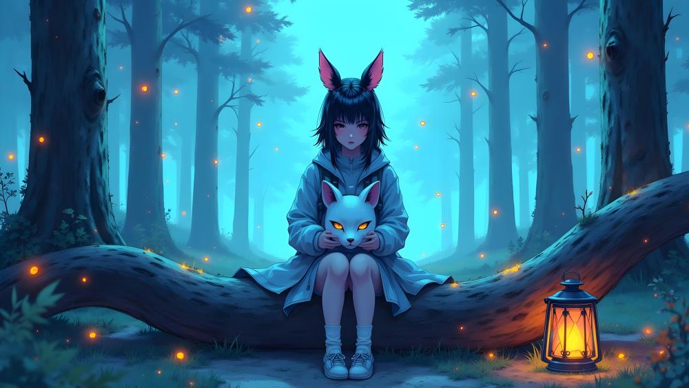 Moonlit Kitsune in Enchanted Forest wallpaper