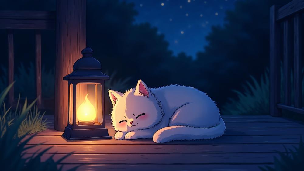 Cozy Lantern Lit Cat Sleep wallpaper