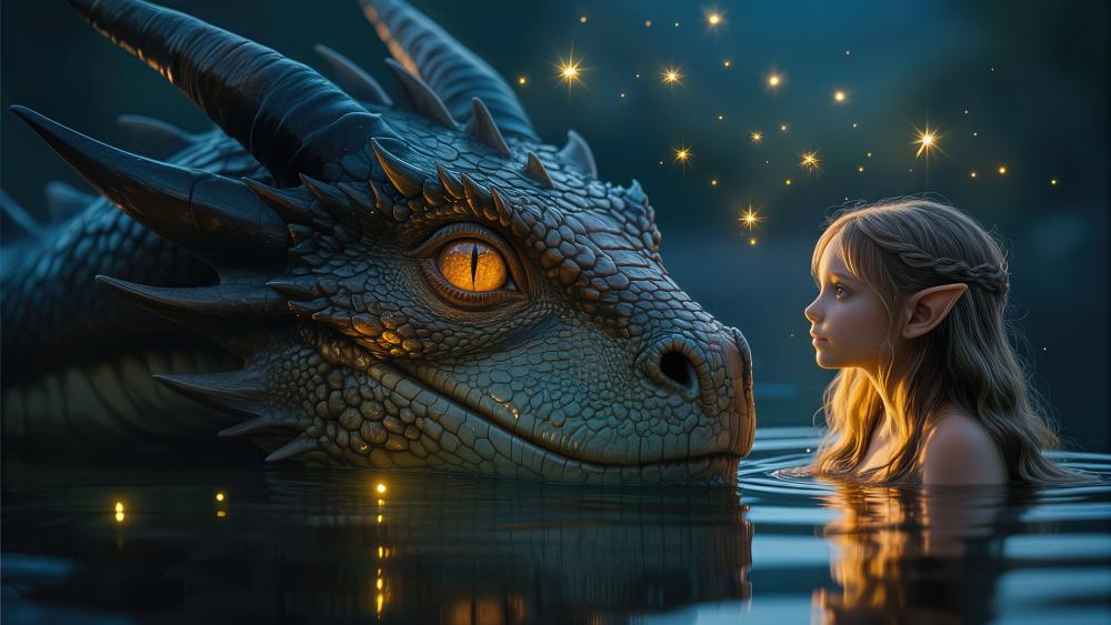 Moonlit Bond of Dragon and Elf wallpaper